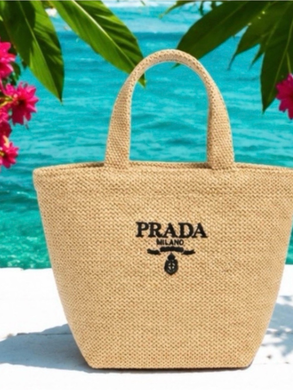 Prada Natural Straw Tote with Black Logo - Picture 2 of 7